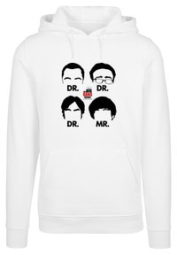 Biela mikina s kapucňou obsahuje grafiku s štyrmi čiernymi siluetami tvárí nad textami "DR." a "MR." z "Teórie veľkého tresku." Kapucňa je nastaviteľná.