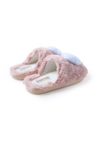 Pantofole rosa pelose con morbidi dettagli in bianco, design aperto e suole testurizzate. Presenta un'etichetta del marchio all'interno sulla soletta.