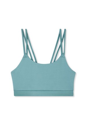Reggiseno sportivo blu con una texture liscia, dotato di spalline sottili incrociate e una fascia larga nella parte inferiore. Nessuna imbottitura o ferretto visibile.