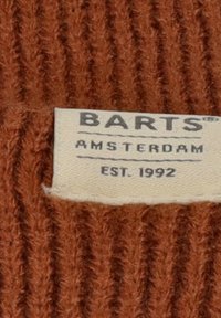 Rdzawoczerwony, prążkowany materiał z kremową metką, na której w czarnym tekście widnieje napis "BARTS," "AMSTERDAM" oraz "EST. 1992," wszyta w materiał.