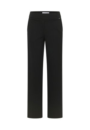 Pantalones negros de pierna ancha fabricados en tela elástica. Presentan una cinturilla suave y una etiqueta de marca sutil en el lateral. Sin bolsillos visibles.