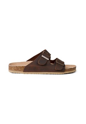 Sandales en cuir marron avec deux brides ajustables en métal à boucle, semelle intérieure en liège et semelle en caoutchouc texturé. Design décontracté à enfiler.
