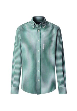 Zielono-biała, w paski, koszula z długim rękawem z kołnierzykiem zapinanym na guziki, kieszenią na piersi i prostym dołem. Wykonana z lekkiego materiału.