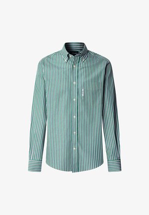 Groen en wit gestreepte shirt met lange mouwen, met knoopsluiting in de kraag, borstzak en rechte zoom. Gemaakt van lichtgewicht stof.