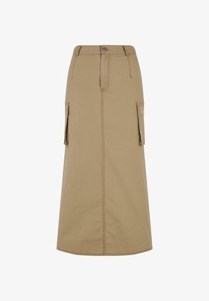 Khaki színű, középhosszú szoknya egyenes fazonnal, két oldalsó cargo zsebbel és kontrasztos varrási részletekkel. Tartós pamutból készült.