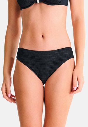 Femme portant un bas de bikini noir texturé et un haut assorti, visible de la moitié du torse aux hauts des cuisses, les mains détendues le long du corps.