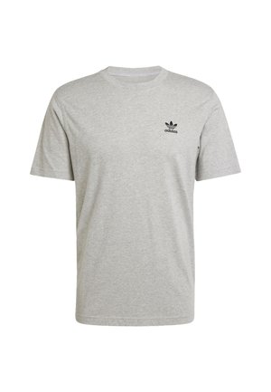 T-shirt in cotone grigio chiaro con maniche corte, scollatura rotonda e logo trefoil nero di Adidas sul lato sinistro del petto. Design semplice e informale.