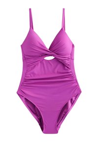 Costume intero di colore rosa brillante con spalline regolabili, design frontale a torsione e ritaglio ovale in vita. Tessuto morbido.