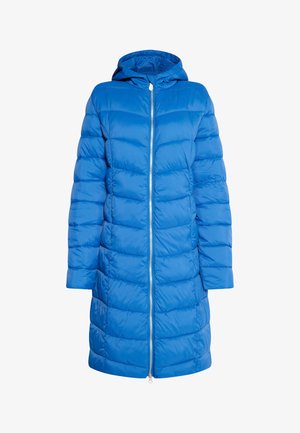 Pikk sinine puffjakker kapuutsiga, millel on ees pikizipper ja tikanditud disain. Valmistatud kerge, siledast materjalist, millel on läikiv viimistlus.