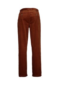 Pantalones de pana en un tono marrón cálido, con una textura acanalada, diseño de pierna recta y dos bolsillos traseros con detalles metálicos.