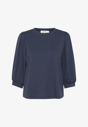 Navy blue short-sleeve top with a round neckline, featuring puffed sleeves and a relaxed fit. Soft fabric with a smooth texture.