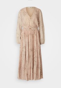 Μακρύ, πλισέ φόρεμα σε απαλό ροζ χρώμα με διακριτικό λεοπάρ μοτίβο, έχοντας βαθύ V-ντεκολτέ και μακρυά διαφανή μανίκια. Περιλαμβάνει ελαστική μέση.