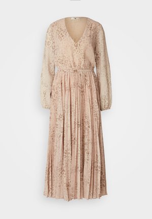 Long, pleated dress in a soft pink color with a subtle leopard print, featuring a deep V-neck and long sheer sleeves. Elastic waistband included.