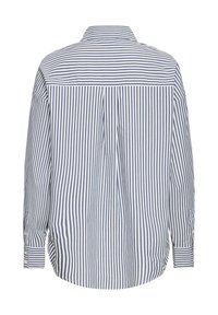 Striped shirt featuring a button-up collar, long sleeves, and a loose fit. Colors are navy blue and white with vertical stripes.