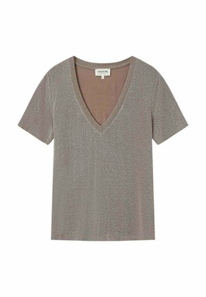 T-shirt à manches courtes et col en V de couleur taupe clair avec un léger scintillement. Fabriqué en tissu doux et texturé avec une coupe décontractée.