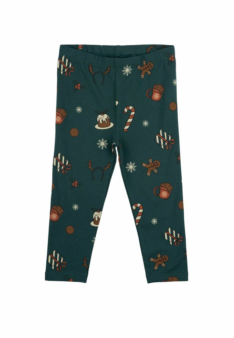 Groene legging met feestelijke prints, waaronder peperkoekmannetjes, zuurstokken en cadeau's, vervaardigd uit een zachte, rekbare stof.