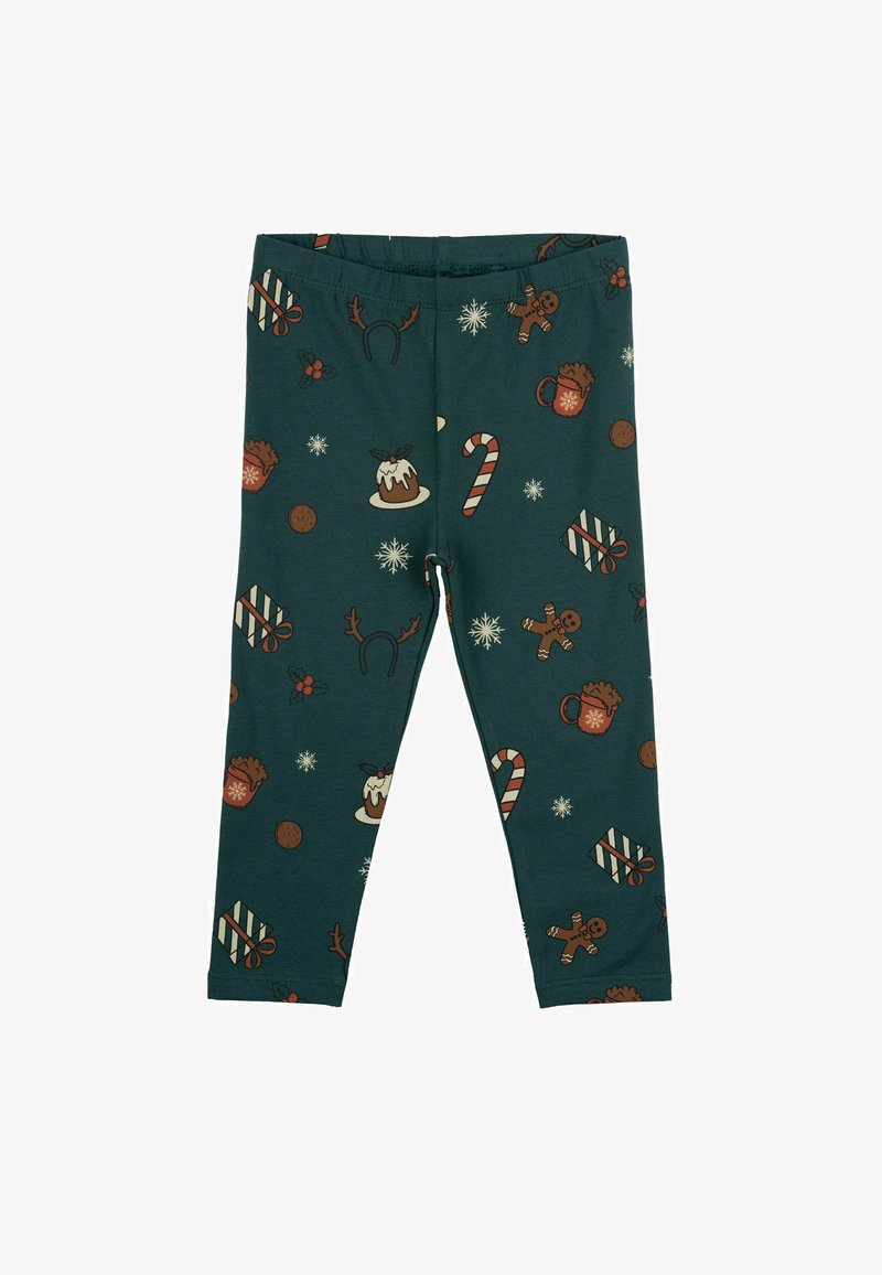 Groene legging met feestelijke prints, waaronder peperkoekmannetjes, zuurstokken en cadeau's, vervaardigd uit een zachte, rekbare stof.