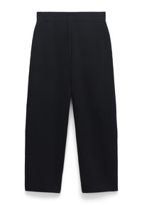Black wide-leg trousers made of smooth fabric, featuring a high waistband, clean lines, and no visible hardware or accents.