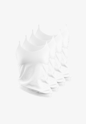 Des débardeurs en coton blanc avec des bretelles fines, présentant une texture lisse et une coupe décontractée, disposés en formation décalée.