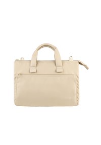 Borsa per laptop beige con doppio manico superiore, chiusura a zip e tasca frontale. Realizzata in materiale liscio, presenta un branding sottile e accenti minimi.