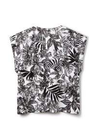 Top de manga corta en tejido ligero, con un estampado botánico en blanco y negro que presenta varios patrones de hojas. Corte recto con un escote redondeado.