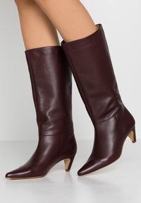 Bottes en cuir bordeaux montant jusqu'au genou avec un bout pointu et un petit talon. Texture lisse, dotées d'une tige ajustée et de détails minimalistes.