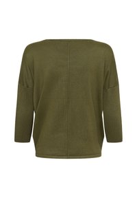 Pull vert olive à manches longues avec manches côtelées et un détail de couture centrale dans le dos, présenté sur fond blanc.