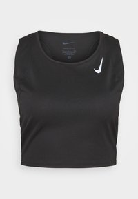 Top corto senza maniche nero realizzato in tessuto morbido, con scollatura rotonda e un piccolo logo Nike bianco sul lato sinistro del petto.