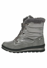 Pilkas izoliuotas botas su blizgiu, paminkštintu viršumi, dirbtinio kailio apykakle ir tekstūruota guma padais. Yra metaliniai akyti aklavietės ir raišteliai.