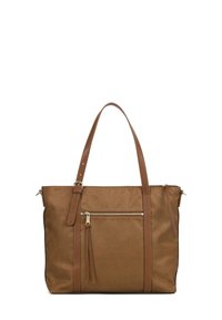 Borsa a tracolla marrone con texture, due manici, una tasca frontale con zip e nappina decorativa sulla cerniera. Presenta hardware in tono oro e dettagli cuciti.