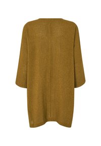 Hnědý pletený oversized top s uvolněným střihem, tříčtvrtečními rukávy a středovým švem vzadu. Měkká textura a minimalistický design.
