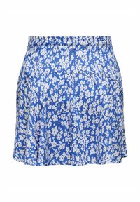 Blå blommig kjol med ett vitt blommönster, plisserad design och elastisk midja för komfort. Lättviktsmaterial med en mjuk textur.