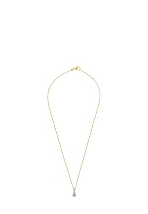 Gold chain necklace with a delicate, textured design. Features a sparkling, star-shaped pendant with clear gemstones at the base.