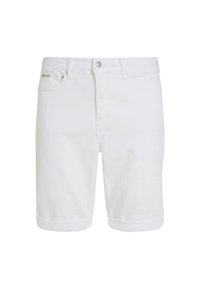 Shorts de mezclilla blanca con dobladillo vuelto, cinco bolsillos y cierre frontal con botón. Textura suave y un diseño clásico de corte recto.