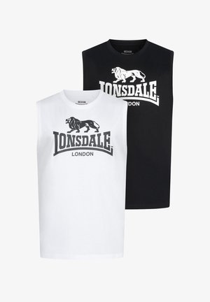 Paidattomat puuvillapaidat valkoisena ja mustana, joissa on keskeinen graafinen logo leijonasta ja teksti "LONSDALE LONDON".