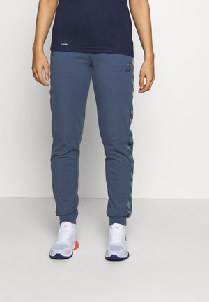 Persona che indossa pantaloni della tuta blu navy con strisce laterali a fantasia, una maglietta blu navy scuro e scarpe da corsa bianche su uno sfondo semplice.