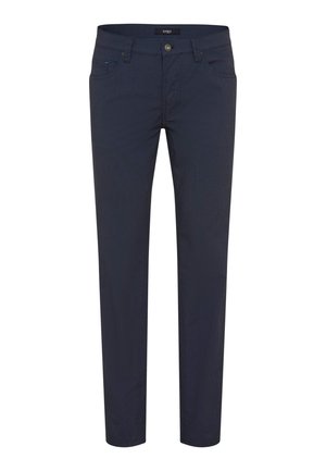 Marineblå slim-fit bukser med bæltestropper, lukkes med knapper foran samt lommer foran og bagpå, vist mod en hvid baggrund.