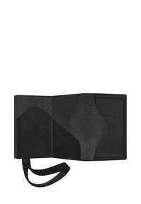 Black bi-fold wallet made of textured leather, featuring a smooth interior, card slots, and a woven fabric strap for easy handling.