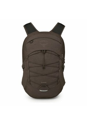 Dark brown Osprey Quasar backpack with front elastic bungee cord, top zipper pocket, padded shoulder straps, and side compression straps.