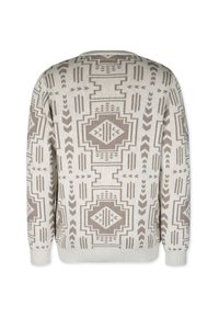 Beiger Pullover mit grauen, geometrischen, von Azteken inspirierten Mustern, mit langen Ärmeln und rundem Halsausschnitt, von hinten gezeigt.
