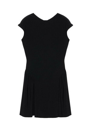 Schwarzes Kurzarmkleid mit V-Ausschnitt und plissierten Einsätzen am Rock, tailliert, knielang.