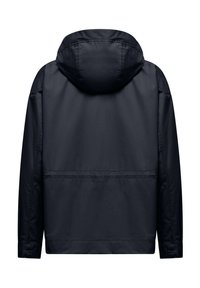 Marineblå hættetrøje med en glat tekstur, der har et enkelt design, trykknapmanchetter og en lige kant uden ekstra lommer.
