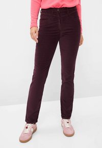 Bordeaux skinny jeans van zachte, gestructureerde stof, met voorzakken, een knoopsluiting en contrasterende stiksels.