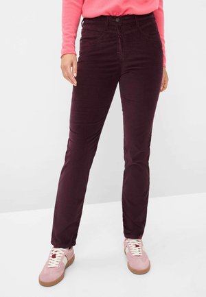 Bordeaux skinny jeans van zachte, gestructureerde stof, met voorzakken, een knoopsluiting en contrasterende stiksels.
