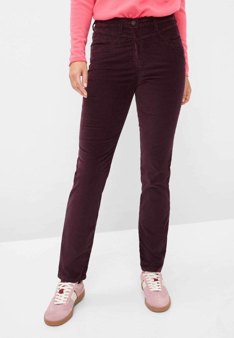 Bordeaux skinny jeans van zachte, gestructureerde stof, met voorzakken, een knoopsluiting en contrasterende stiksels.