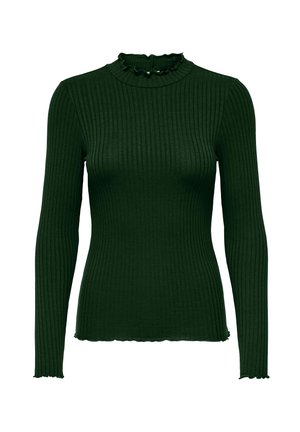 Ribbel langarmtop in donkergroen met een hoge halslijn en gerimpelde afwerking. Heeft een slim fit en een gestructureerde stof.