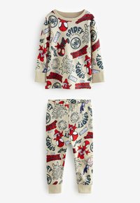 Kinderen pyjama set in beige stof met een Spider-Man print. Inclusief een top met lange mouwen en een broek met ribbenboorden en elastische tailleband.