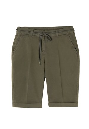 Maslinaste kratke hlače od mješavine pamuka, s elastičnom trakom oko struka, dva bočna džepa i prevrnutim rubovima.