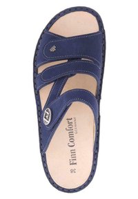 Navy blue sandal with three adjustable straps, suede material, contrasting white stitching, and a metal accent on the upper side.