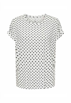 Hvid t-shirt med korte ærmer og rund halsudskæring, med jævnt fordelt små sorte prikker over hele stoffet.